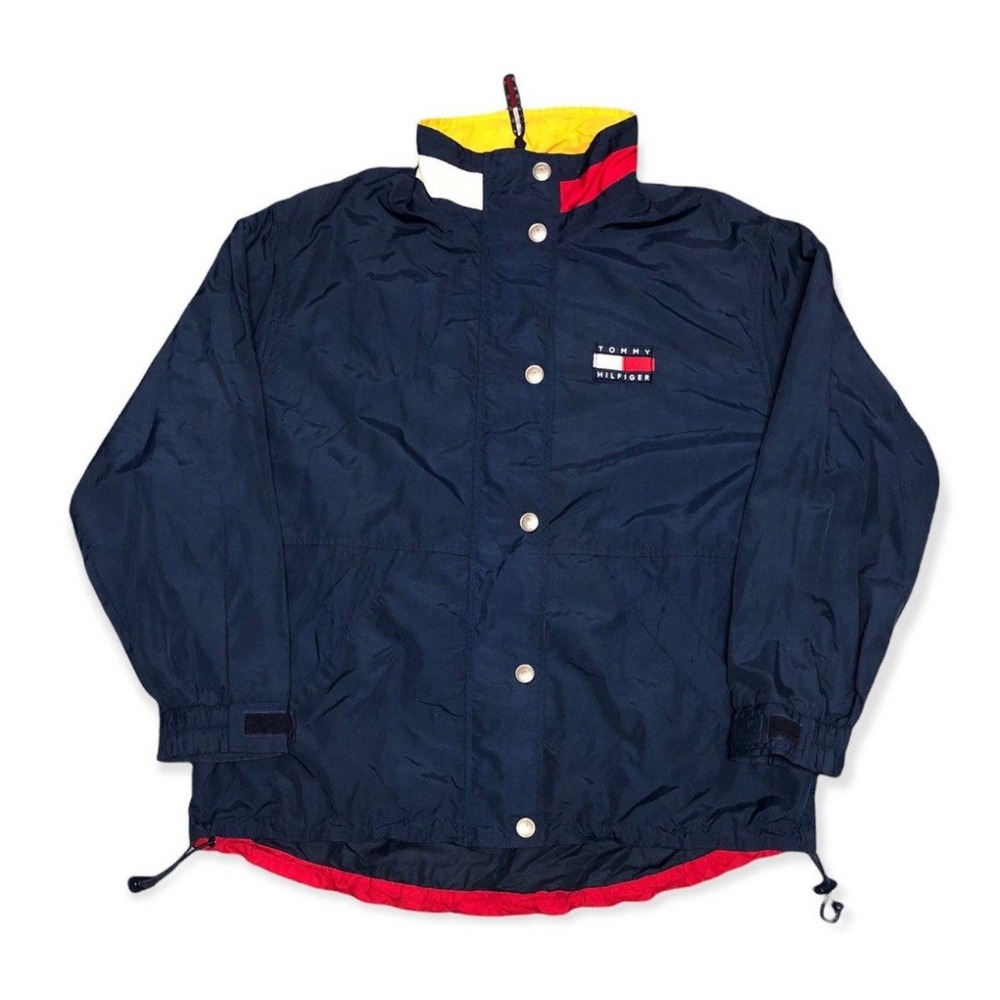 Vintage Tommy Hilfiger Back Spellout Jacket Nylon Full Zip 90s L Navy Blue Patch